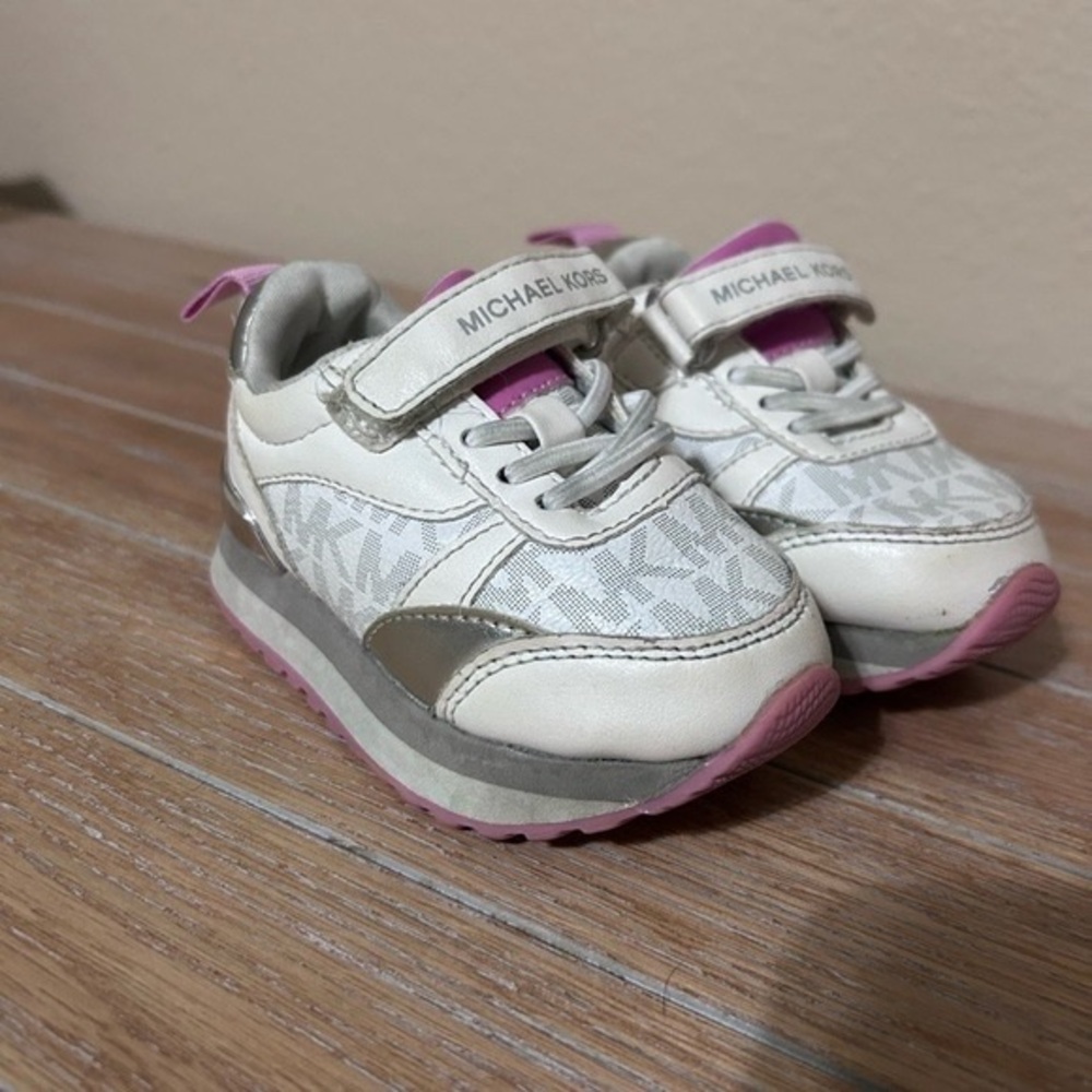 Michael Kors Kids' White and Pink Sneakers with Silver Accents